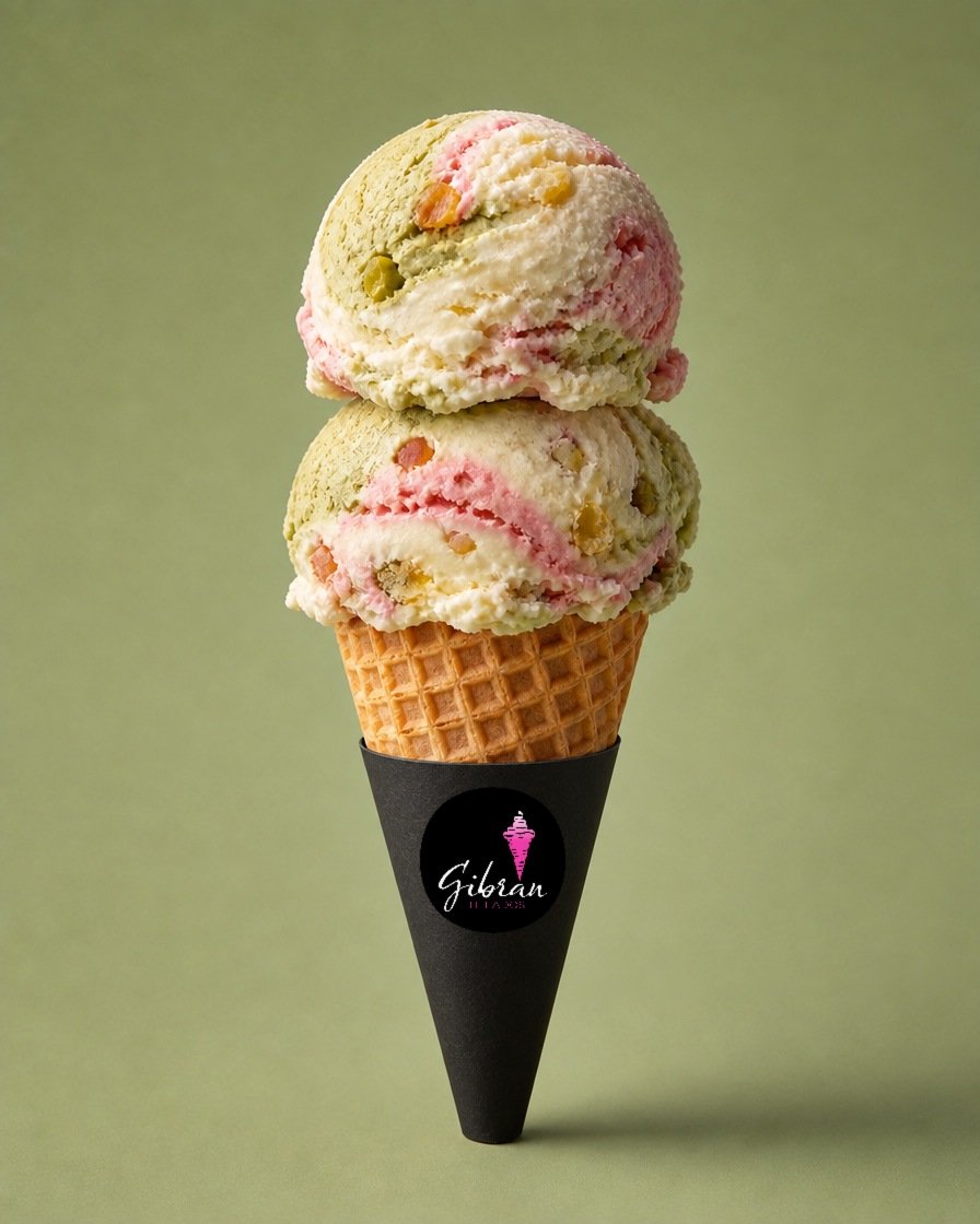 Cono de helado Cassata Siciliana de Helados Gibran, CDMX. Contiene alcohol, solo mayores de 18 años. Desde $30 MXN la bola (2 bolas $50 MXN); litro $250 MXN (0.5 L $150, 4 L $950). Versión sin azúcar bajo pedido, endulzada con miel o fruta.