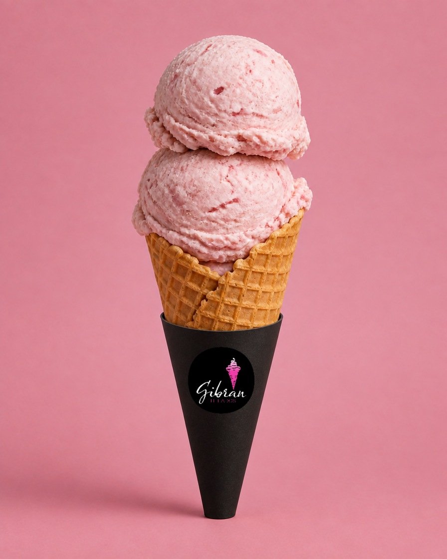Cono de helado Flor de Fresa de Helados Gibran, CDMX. Desde $30 MXN la bola (2 bolas $50 MXN); litro $250 MXN (0.5 L $150, 4 L $950). Versión sin azúcar bajo pedido, endulzada con miel o fruta.
