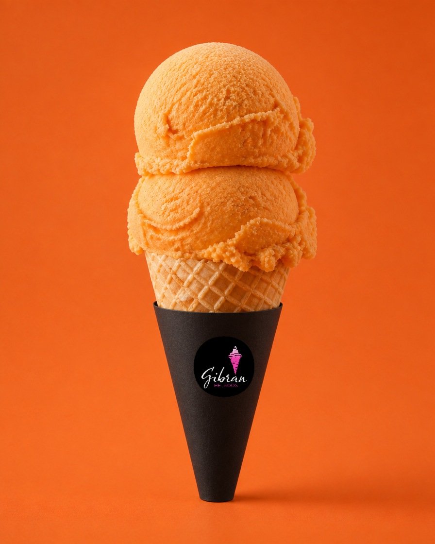 Cono de helado de mamey sin cardamomo de Helados Gibran, CDMX. Sabor prehispánico. Desde $30 MXN la bola (2 bolas $50 MXN); litro $250 MXN (0.5 L $150, 4 L $950). Versión sin azúcar bajo pedido, endulzada con miel o fruta.