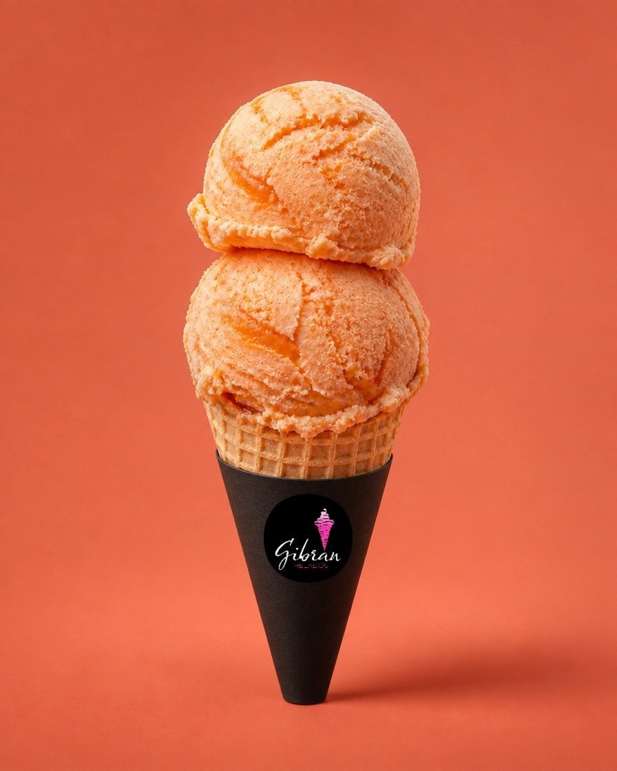 Cono de helado Papaya, Avena y Miel de Helados Gibran, CDMX. Sin lácteos. Desde $30 MXN la bola (2 bolas $50 MXN); litro $250 MXN (0.5 L $150, 4 L $950). Versión sin azúcar bajo pedido, endulzada con miel o fruta.