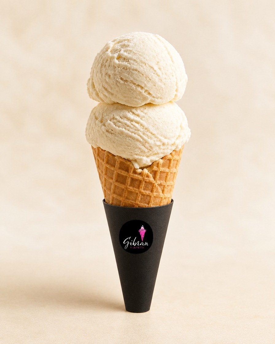 Helado blanco neutral sin azúcar de Helados Gibran, CDMX. Sin azúcar. Desde $30 MXN la bola (2 bolas $50 MXN); litro $250 MXN (0.5 L $150, 4 L $950). Versión sin azúcar bajo pedido, endulzada con miel o fruta.